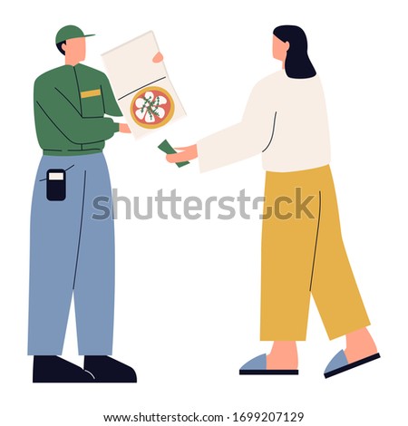 Deliveryman carrying box with food. Fastfood courier service. Man holding open box with pizza. Woman receiving food order from cafe or restaurant. Pizza delivery flat vector illustration.