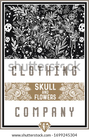 vector illustration of skull, lettering and flowers