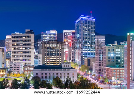 Salt Lake City, Utah, USA downtown financial district cityscape at twilight.