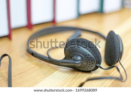 VOIP communication headset support, call center operator and customer service desk work