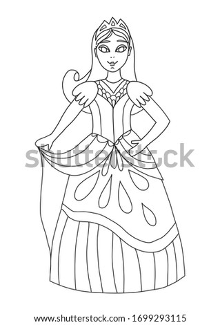 Coloring book for adults and children with a princess or queen from a fairy tale.