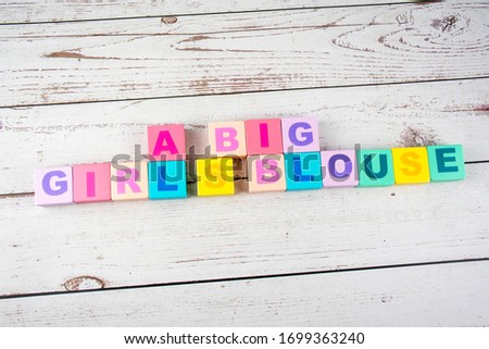 "a big girl's blouse "-the words on wooden cubes.  A background image of english words on colorful building blocks.