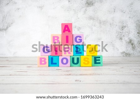"a big girl's blouse "-the words on wooden cubes.  A background image of english words on colorful building blocks.