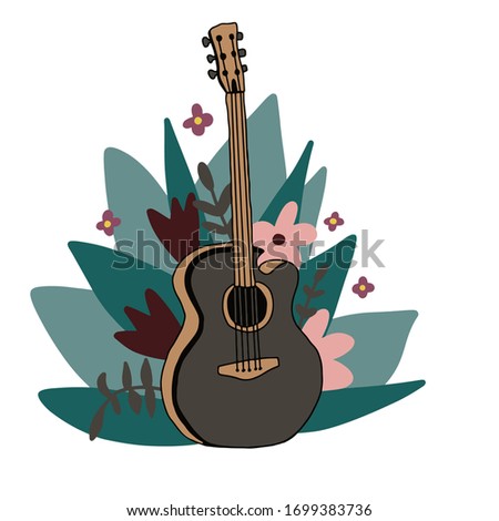 Guitar with tropical leaf and flowers. Vector flat hand drawn illustration. Design for summer typography, musical instruments shop, poster. Rock band performance, concert banner template.