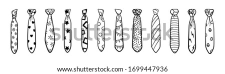Outline style neckties with different knots and patterns big set isolated illustration. White background, vector. Royalty-Free Stock Photo #1699447936