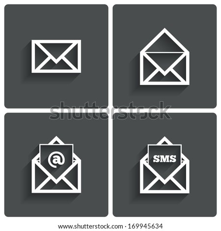 Mail icons. Mail sms symbol. At sign. Letter in envelope. Set of signs for messages. Vector illustration.