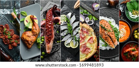 Set of photo dishes. Set of food cuisines of peoples of the world. Dishes and snacks on black stone background.