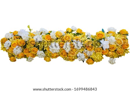 yellow and white alstroemeria flowers branch on white background isolated closeup,with clipping paths ,roses flowers bunch for decorative border, holiday poster, design element for greeting card
