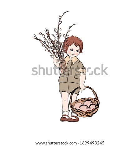 Boy with willow twigs and basket with colored pink eggs congratulates on the spring religious holiday - Easter. Hand drawn retro kid. 
