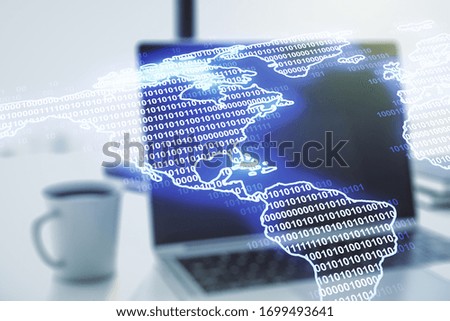 Double exposure of graphic America map on computer background, big data and digital technology concept