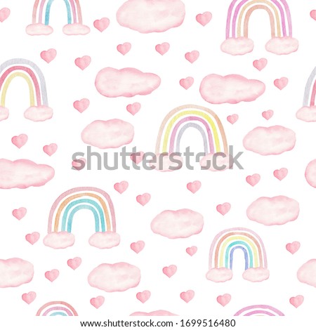 Seamless pattern with rainbow heart and cloud in pastel color. Childish decorative art. Watercolor hand drawn illustration digital paper on white background.
