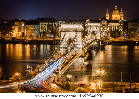 Budapest, Hungary - The popular cityscape panorama for tourist in the world " Szechenyi Chain Bridge " at the sunset and night over budapest hungary with colorful background  Royalty-Free Stock Photo #1699540930