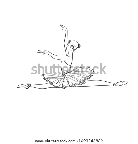 Hand drawing Black and white Ballerina. Dancer in tutu and pointe shoes.Vector Line isolated drawing illustration.Dancer is jumping. logo. 