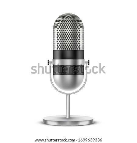 Retro microphone on short leg stand, round shape model, vector, realistic 3D mockup. Silver microphone with perforated dynamic capsule, music award, karaoke, radio and recording studio sound equipment