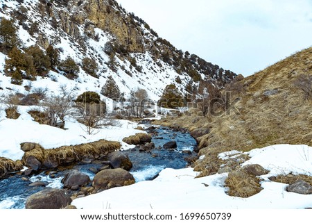 Winter landscape - a river at the foot of snow-capped mountains. The nature of Turkestan region. Cascasu, foothills of the mountains in winter.