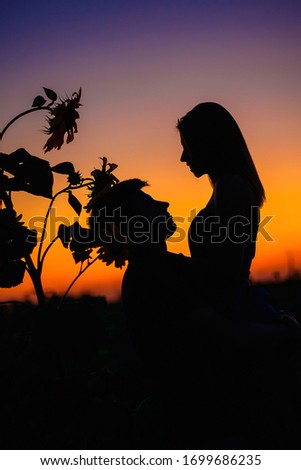 silhouette of lovers on a background of purple sunset. silhouette of a couple and flowers at sunset. A romantic date in a field with a sunflower.