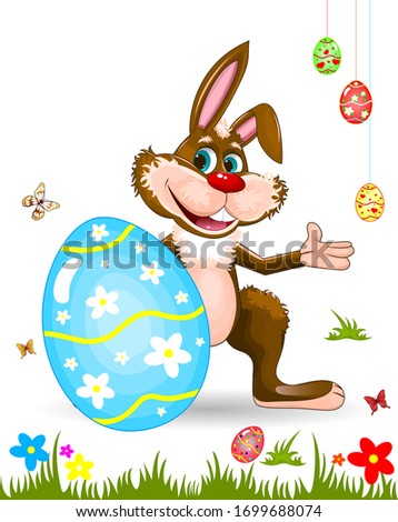 Cartoon easter bunny. Easter eggs, butterflies, flowers, grass. Character for greeting card.