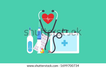First aid kit supply emergency medical products realistic, healthy care logo Royalty-Free Stock Photo #1699700734