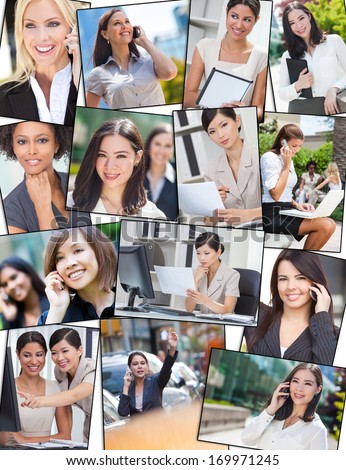 Photo montage of successful interracial mixed race business women, businesswoman using mobile cell phones, laptop and tablet computers, working in the city and in the office