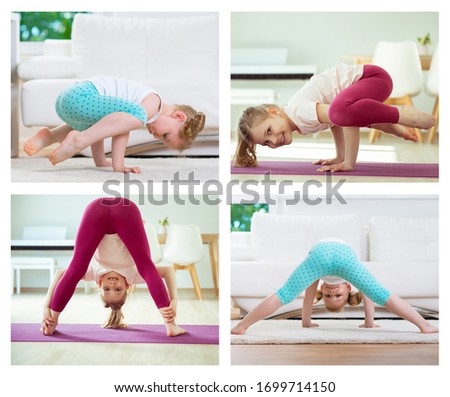 Four photos of the same girl taken in 2020 and 2016: yoga exercises at home