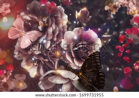 Wonderful roses and butterfly. Artistic effects and filters used.