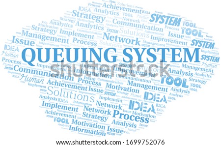 Queuing System typography vector word cloud.