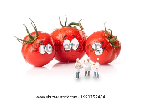 Chefs, in front of fresh tomato with eyes, isolated on a white background
