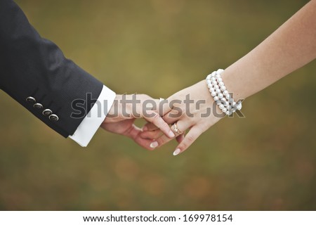 Groom and bride holding hands, wedding picture.