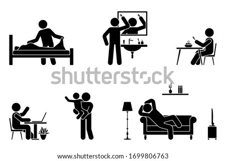 Stick figure man everyday life time activities vector icon set. Making bed, brushing hair, eating, sitting at desk, working, studying, playing with child, resting, relaxing on sofa pictogram Royalty-Free Stock Photo #1699806763