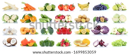 Fruits vegetables collection isolated apple apples oranges garlic tomatoes banana colors fresh fruit on a white background Royalty-Free Stock Photo #1699853059