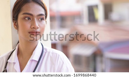 Medical physician doctor woman,Young of happy female smile face with stethoscope on blurred hospital background.                                 