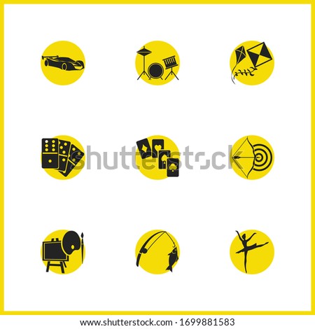 Activity icons set with drums, sport car and kites elements. Set of activity icons and arrow concept. Editable vector elements for logo app UI design.
