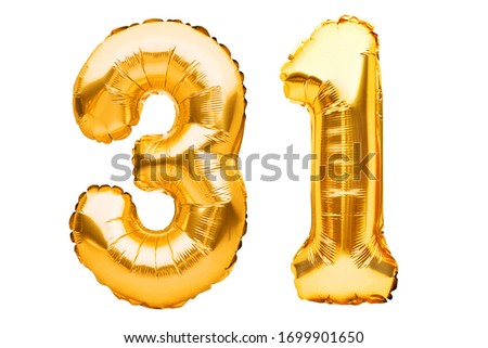 Number 31 thirty one made of golden inflatable balloons isolated on white. Helium balloons, gold foil numbers. Party decoration, anniversary sign for holidays, celebration, birthday, carnival