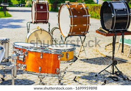 Percussion instruments outdoors. The big drum. Drums