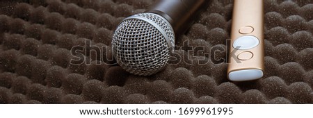 radio microphone and presenter for speech. Item stand on foam rubber. Public presentation concept. Corporate training communication at professional. Universal style education, conference, congress.