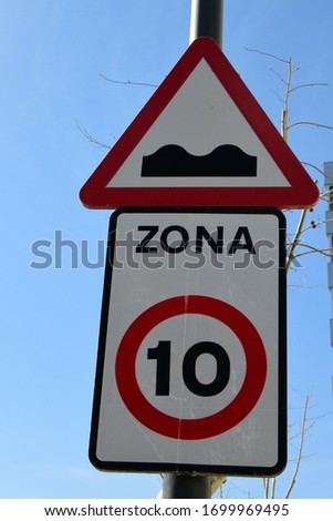 Traffic sign "bumps, maximum speed 10 km / h", Alicante Province, Costa Blanca, Spain