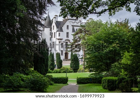 Blair Castle  stands in its grounds near the village of Blair Atholl in Perthshire in Scotland. Royalty-Free Stock Photo #1699979923