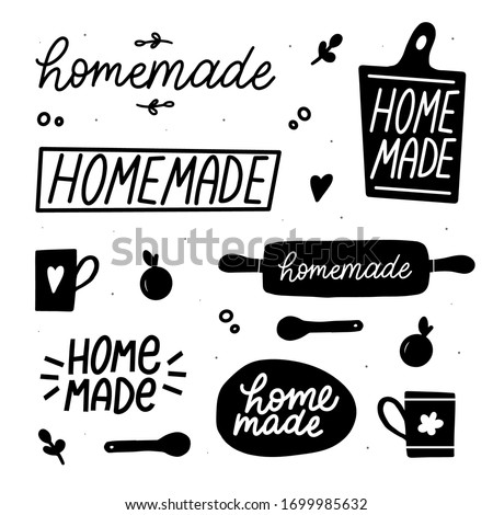 Home made quote. Vector hand drawn set. Handmade, shop graphic design set. Arts and crafts, kitchen elements, icons, logos, badges set isolated, lettering Royalty-Free Stock Photo #1699985632