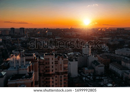 Sunset above evening Voronezh. Aerial view to residential area