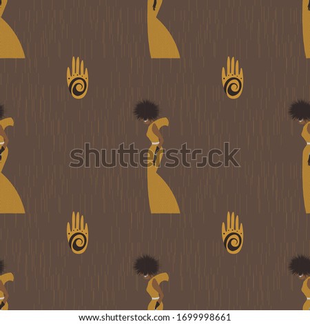 African fashion seamless pattern Abstract silhouette of an woman with curly hair in a long yellow dress with black polka dots and hand