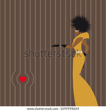 African fashion Abstract silhouette of an African woman with curly hair in a long yellow dress with black polka dots and heart