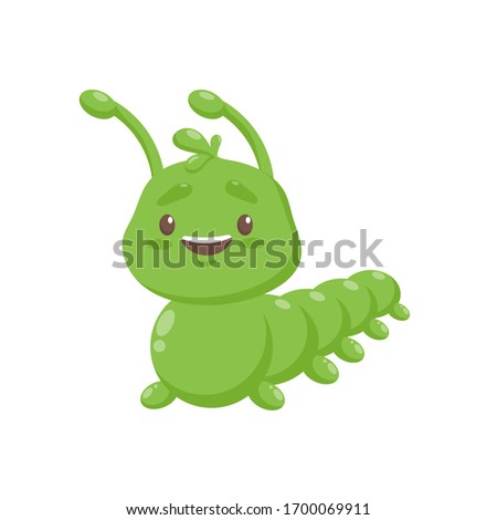 Caterpillar flat icon, green insect, kawaii clip art, cute smiling bug, cartoon animal character for nursery design, logo, icon, wild nature poster, garden banner. Color vector illustration isolated