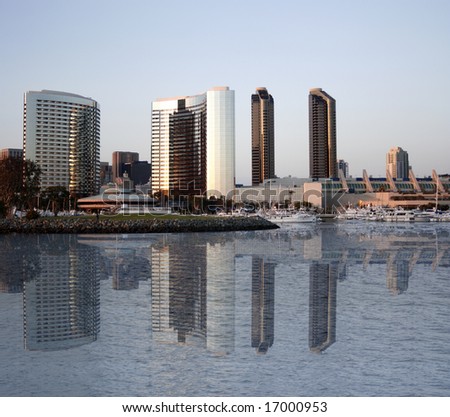 Downtown of San Diego, Ca, skyline, sailing, clear evening.