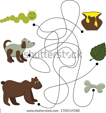 unravel the maze. task for preschoolers. Choose who eats what. illustration of a bear caterpillar dog