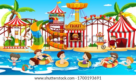 Scene with children swimming in the waterpark illustration