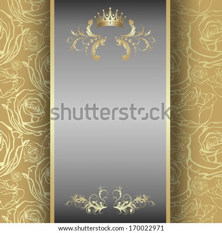 Vintage frame template, ribbon with gold pattern with a crown with space for text and labels on seamless floral background