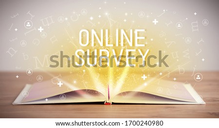 Open book with ONLINE SURVEY inscription, social media concept