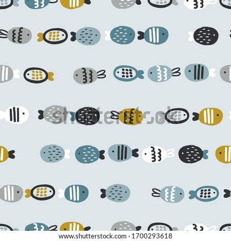 Fishes. Cute seamless pattern. Creative undersea childish background. Blue background.
