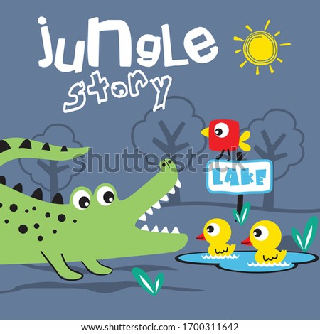 crocodile and bird in the jungle funny animal cartoon,vector illustration