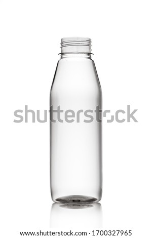 Front view of water bottle uncapped. Transparent plastic juice bottle no label white background, isolated, mockup, no cap Royalty-Free Stock Photo #1700327965